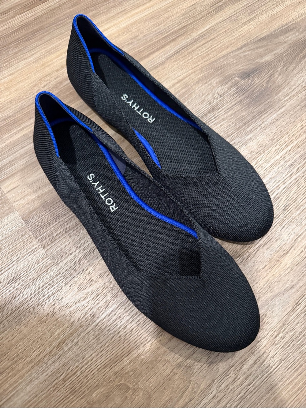 Rothy's Black Knit Ballet Flats with Blue Trim